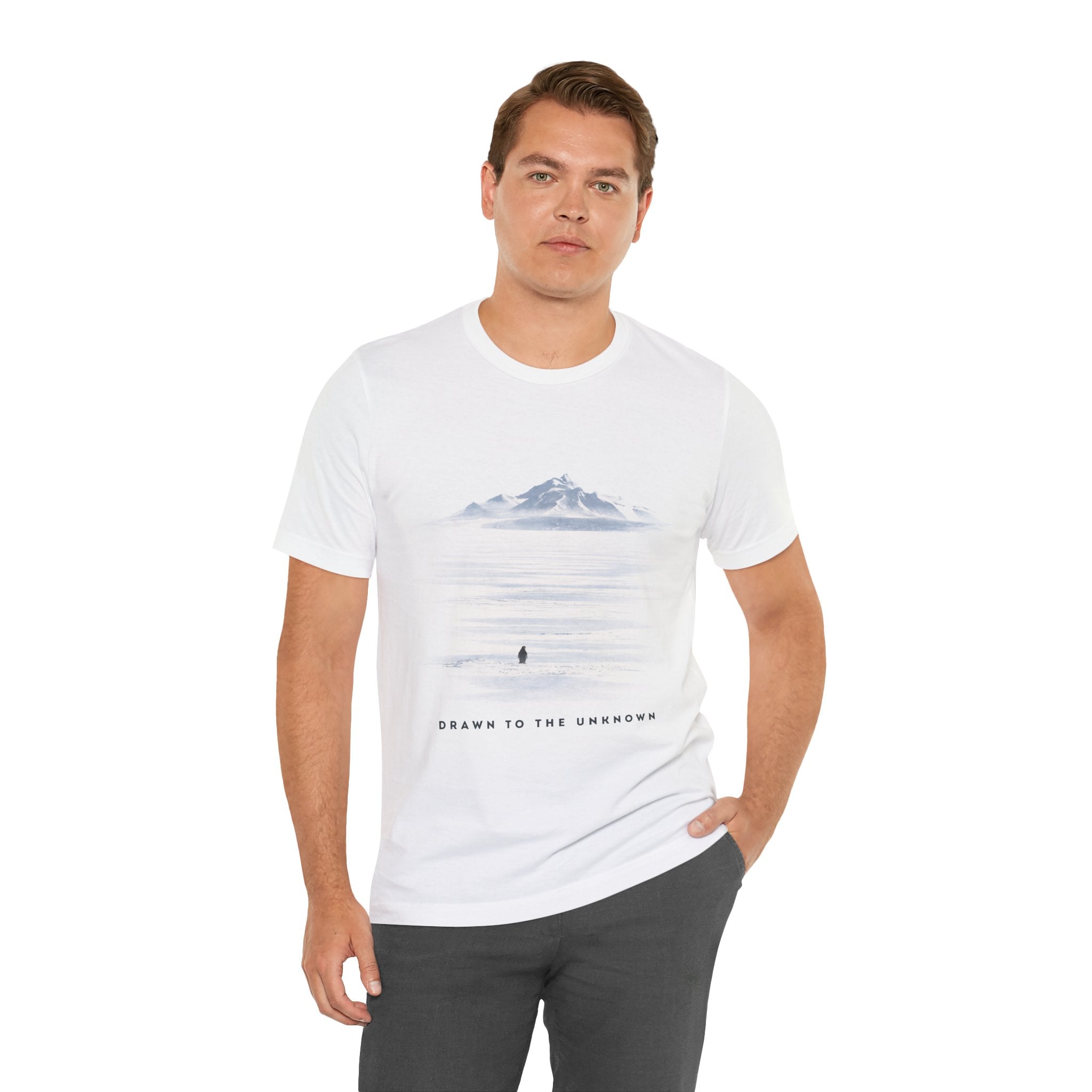 Drawn to the unknown – Minimalist Penguin Mountain Graphic T-Shirt