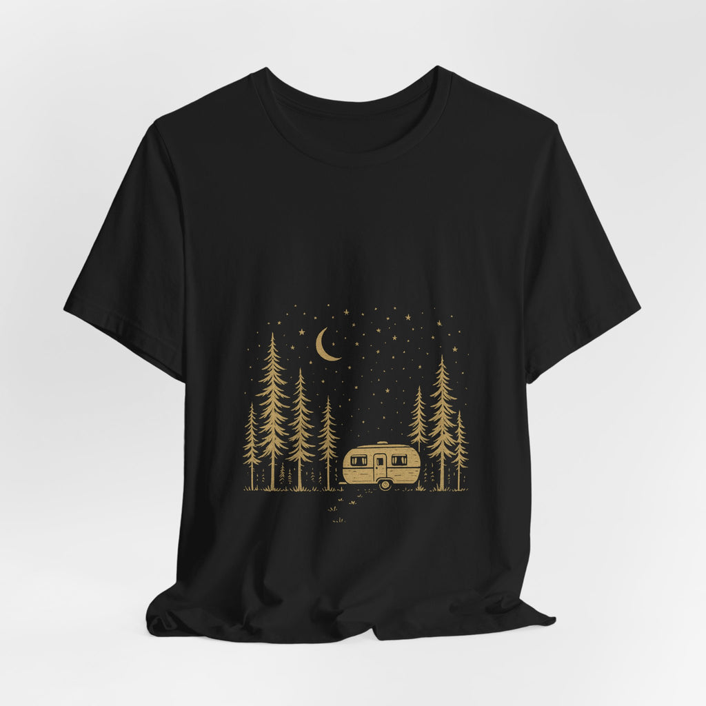 Starlit Escape T-Shirt | Retro Camper Under the Stars Tee | Minimalist Camping Shirt for Adventure Lovers