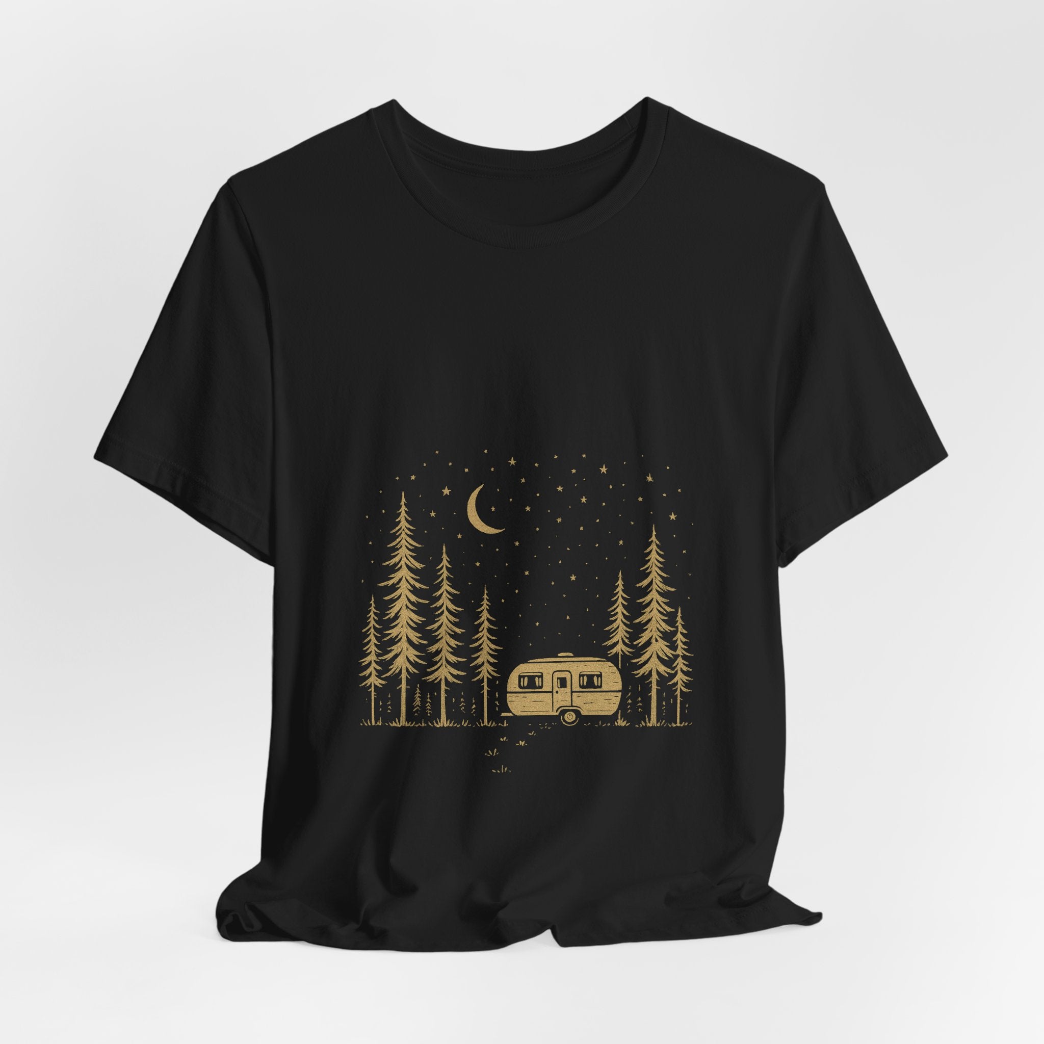 Starlit Escape T-Shirt | Retro Camper Under the Stars Tee | Minimalist Camping Shirt for Adventure Lovers