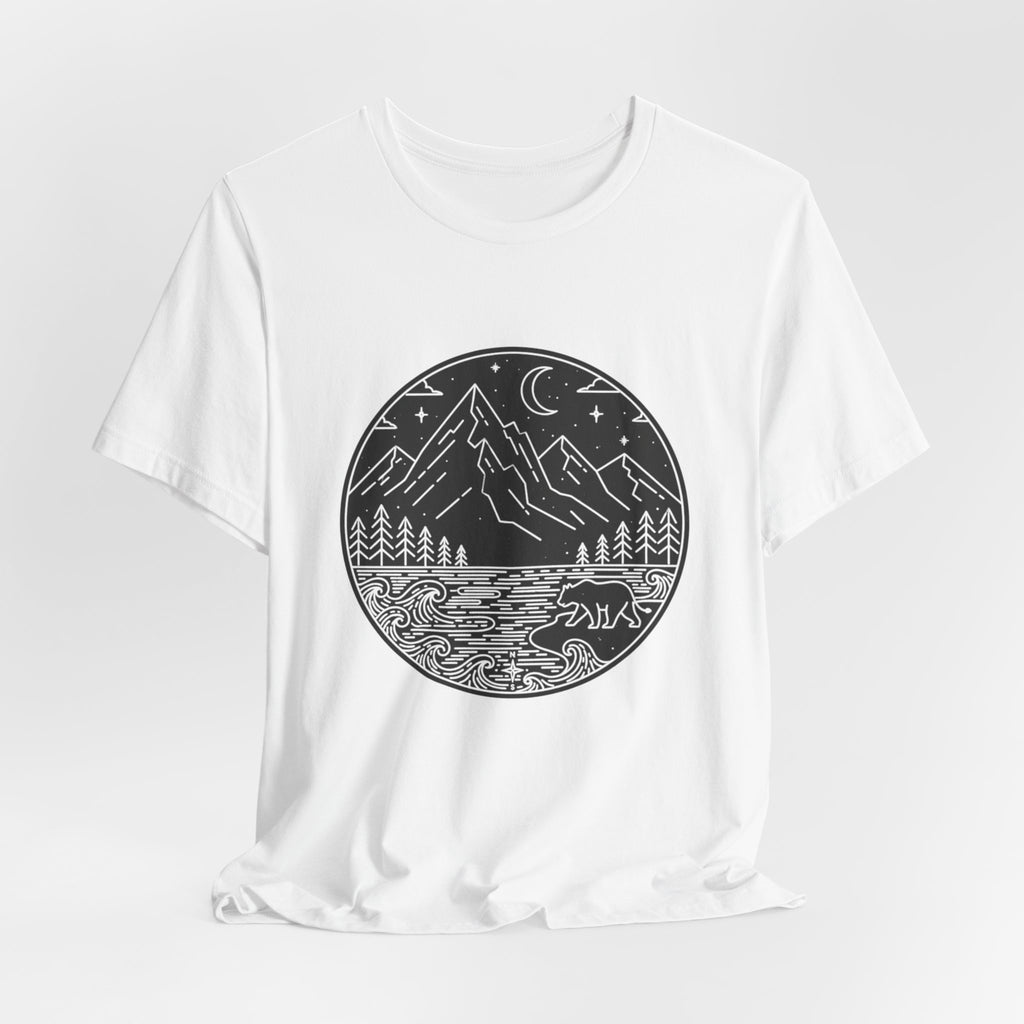 Moonlit Wilderness T-Shirt | Minimalist Mountain & Bear Line Art Tee | Nature Night Scene Shirt for Outdoor Lovers