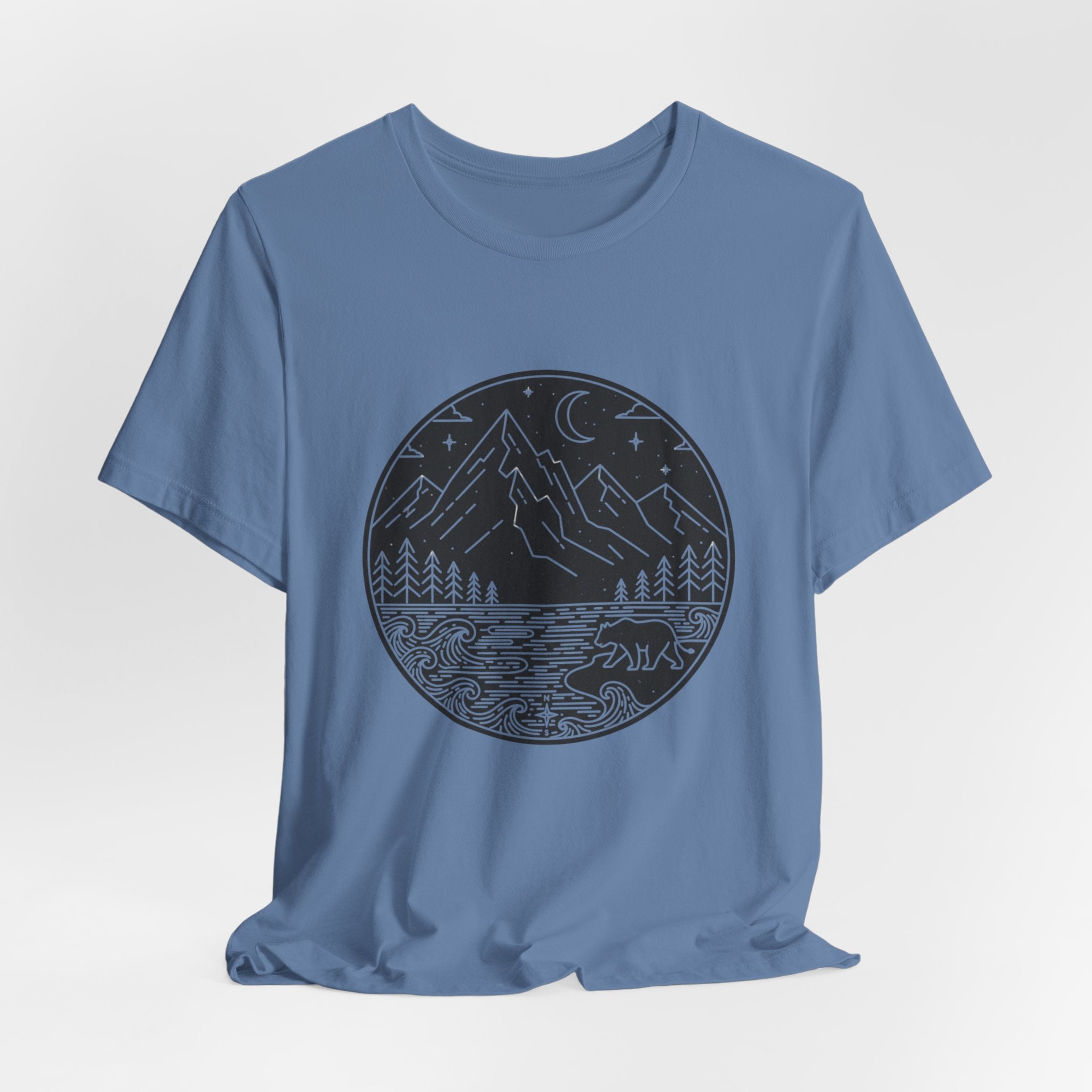 Moonlit Wilderness T-Shirt | Minimalist Mountain & Bear Line Art Tee | Nature Night Scene Shirt for Outdoor Lovers
