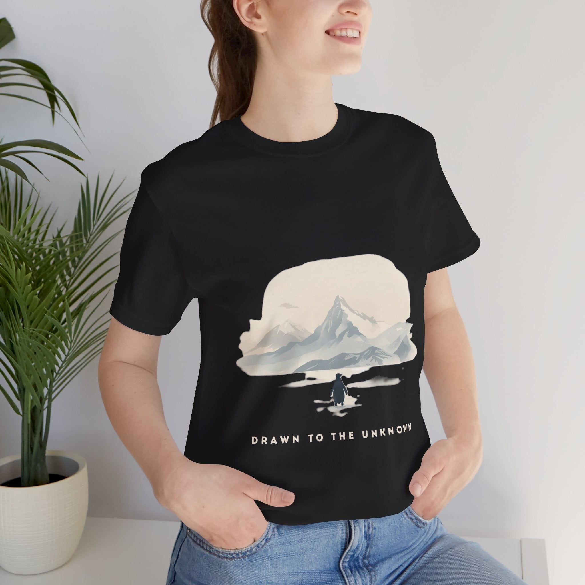 Drawn to the unknown – Minimalist Penguin Mountain Graphic T-Shirt