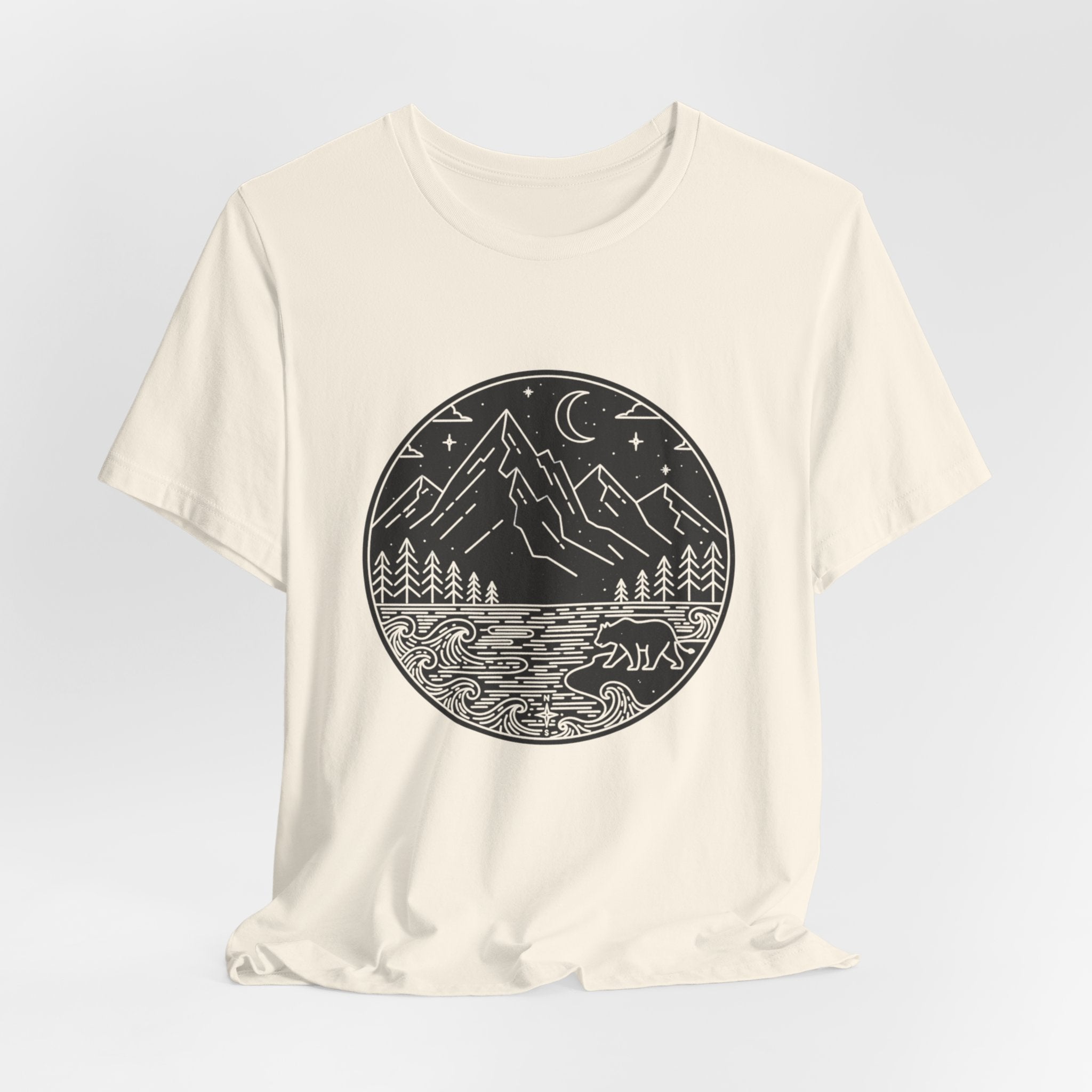 Moonlit Wilderness T-Shirt | Minimalist Mountain & Bear Line Art Tee | Nature Night Scene Shirt for Outdoor Lovers