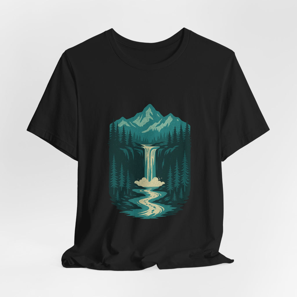 Cascade Serenity T-Shirt | Blue Mountain Waterfall Tee | Nature-Inspired Adventure Shirt for Outdoor Lovers