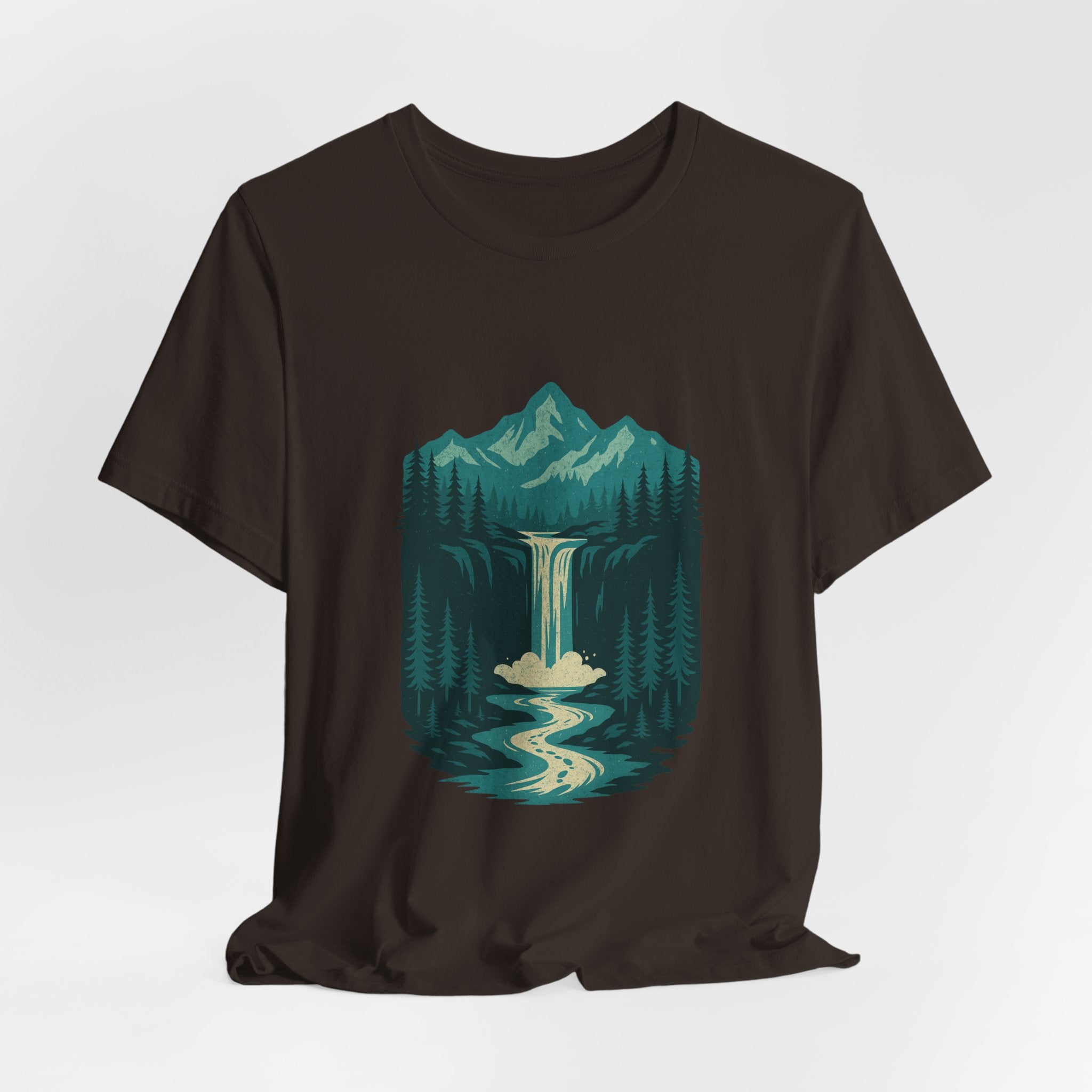 Cascade Serenity T-Shirt | Blue Mountain Waterfall Tee | Nature-Inspired Adventure Shirt for Outdoor Lovers