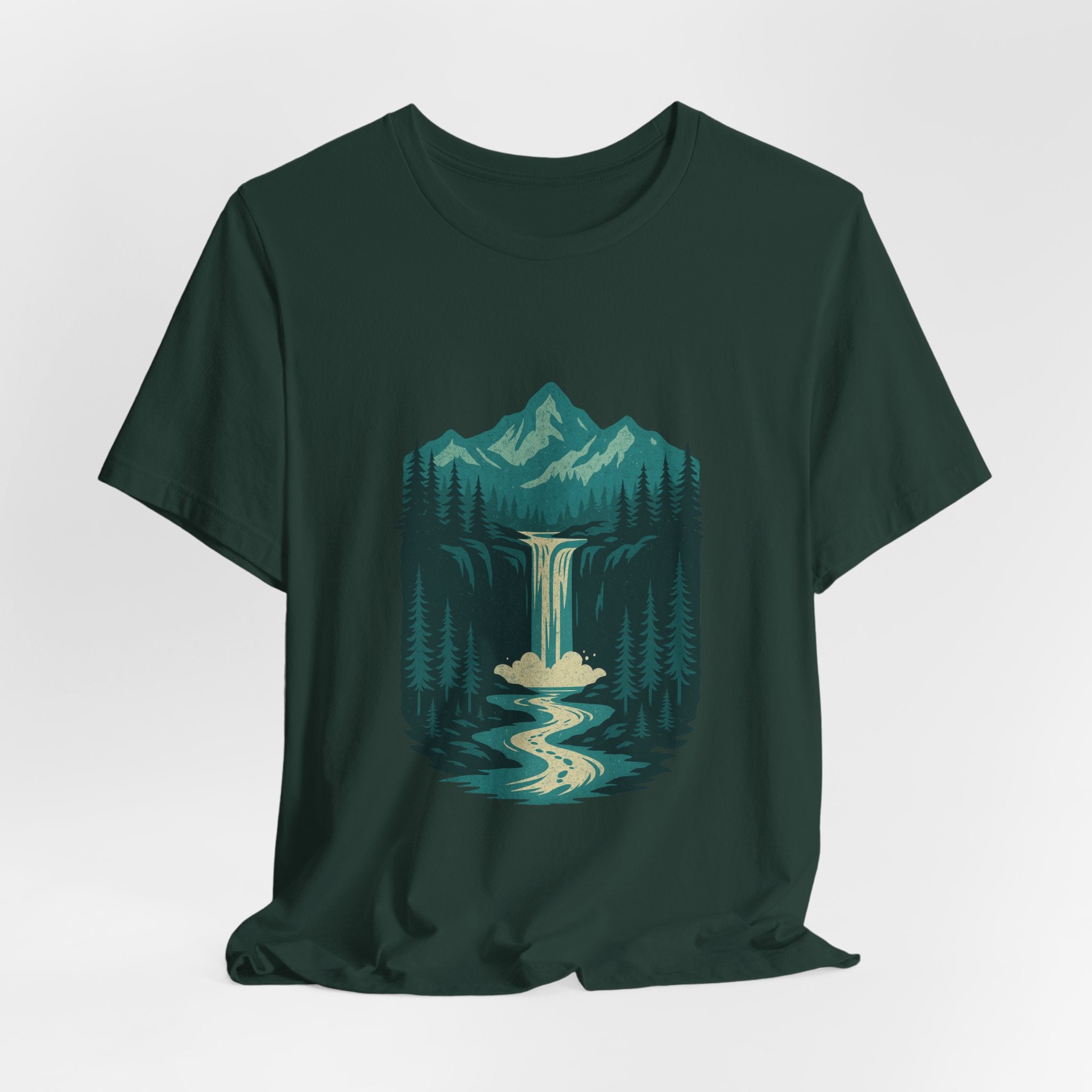 Cascade Serenity T-Shirt | Blue Mountain Waterfall Tee | Nature-Inspired Adventure Shirt for Outdoor Lovers
