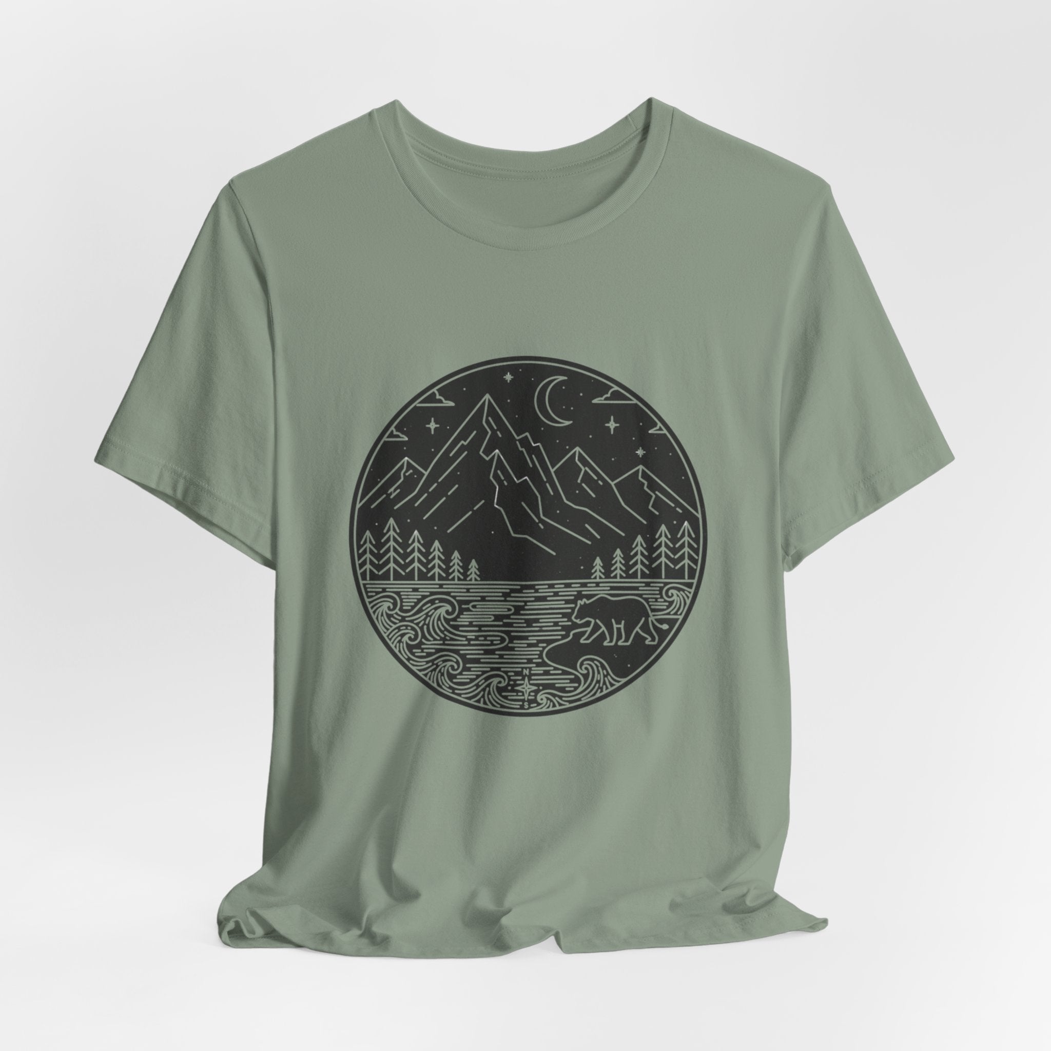Moonlit Wilderness T-Shirt | Minimalist Mountain & Bear Line Art Tee | Nature Night Scene Shirt for Outdoor Lovers