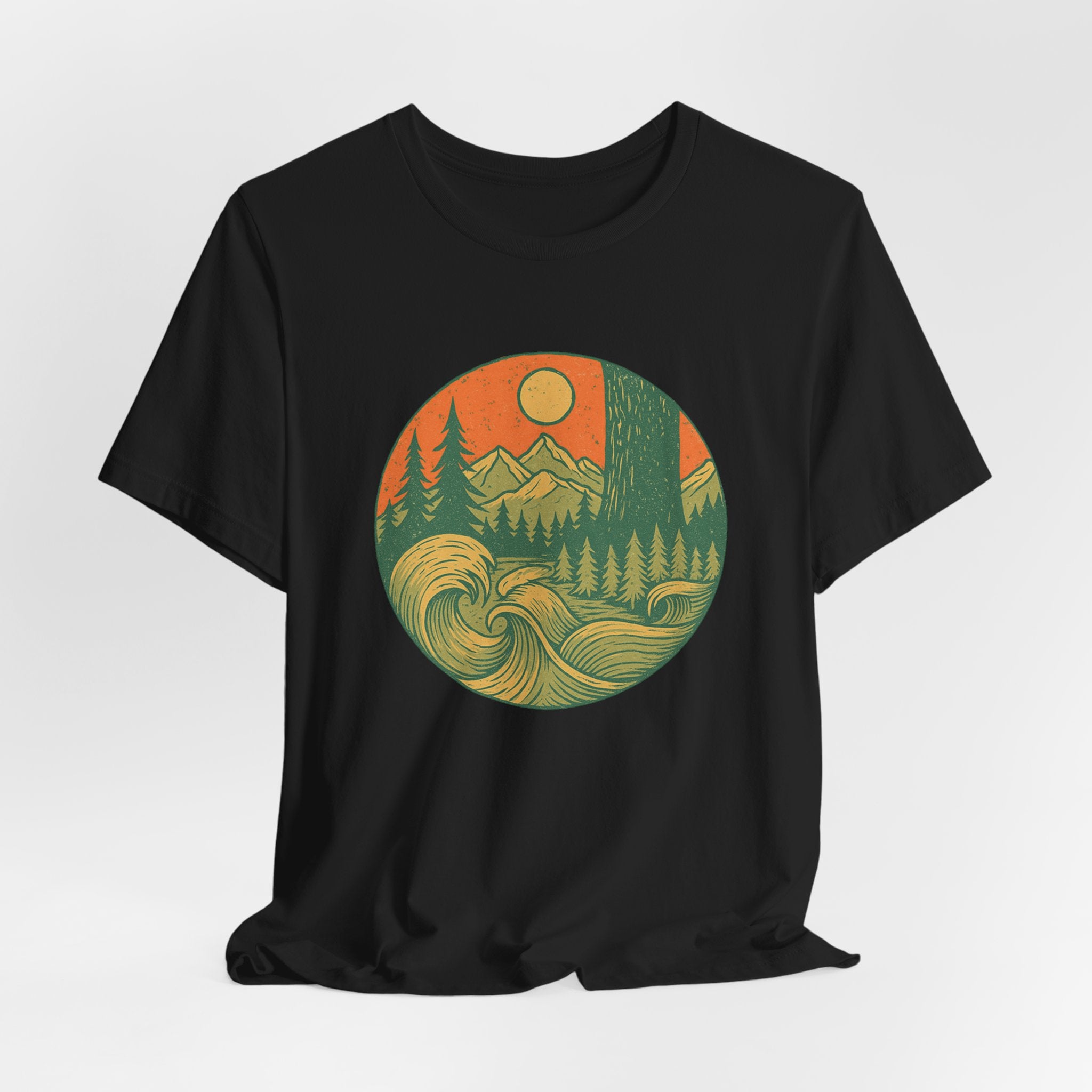 Elements of Adventure T-Shirt | Retro Nature Wave Tee | Mountain & Ocean Design for Outdoor Explorers