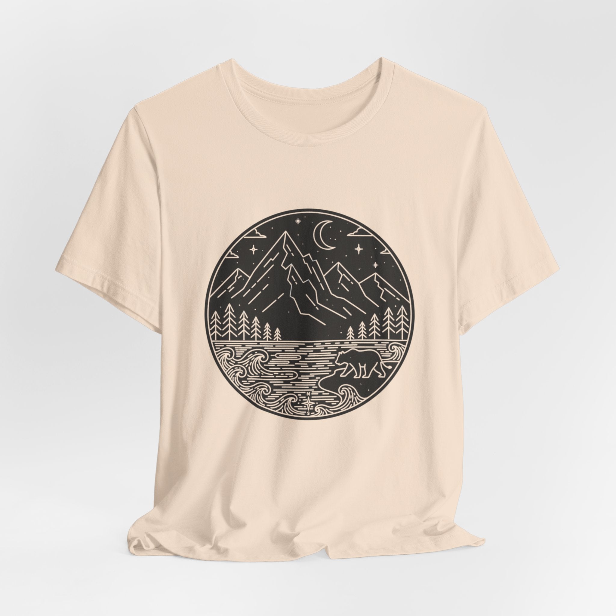 Moonlit Wilderness T-Shirt | Minimalist Mountain & Bear Line Art Tee | Nature Night Scene Shirt for Outdoor Lovers