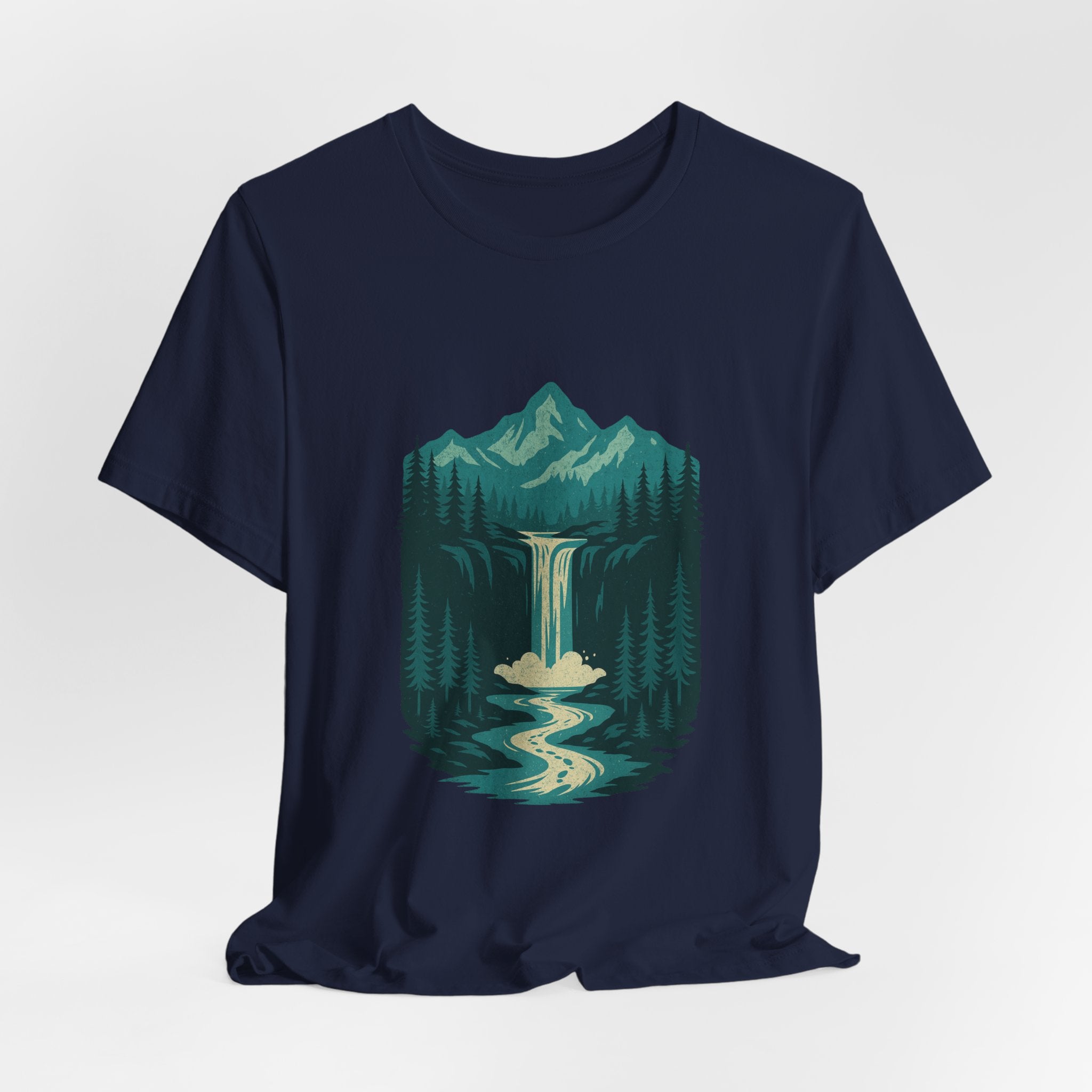 Cascade Serenity T-Shirt | Blue Mountain Waterfall Tee | Nature-Inspired Adventure Shirt for Outdoor Lovers