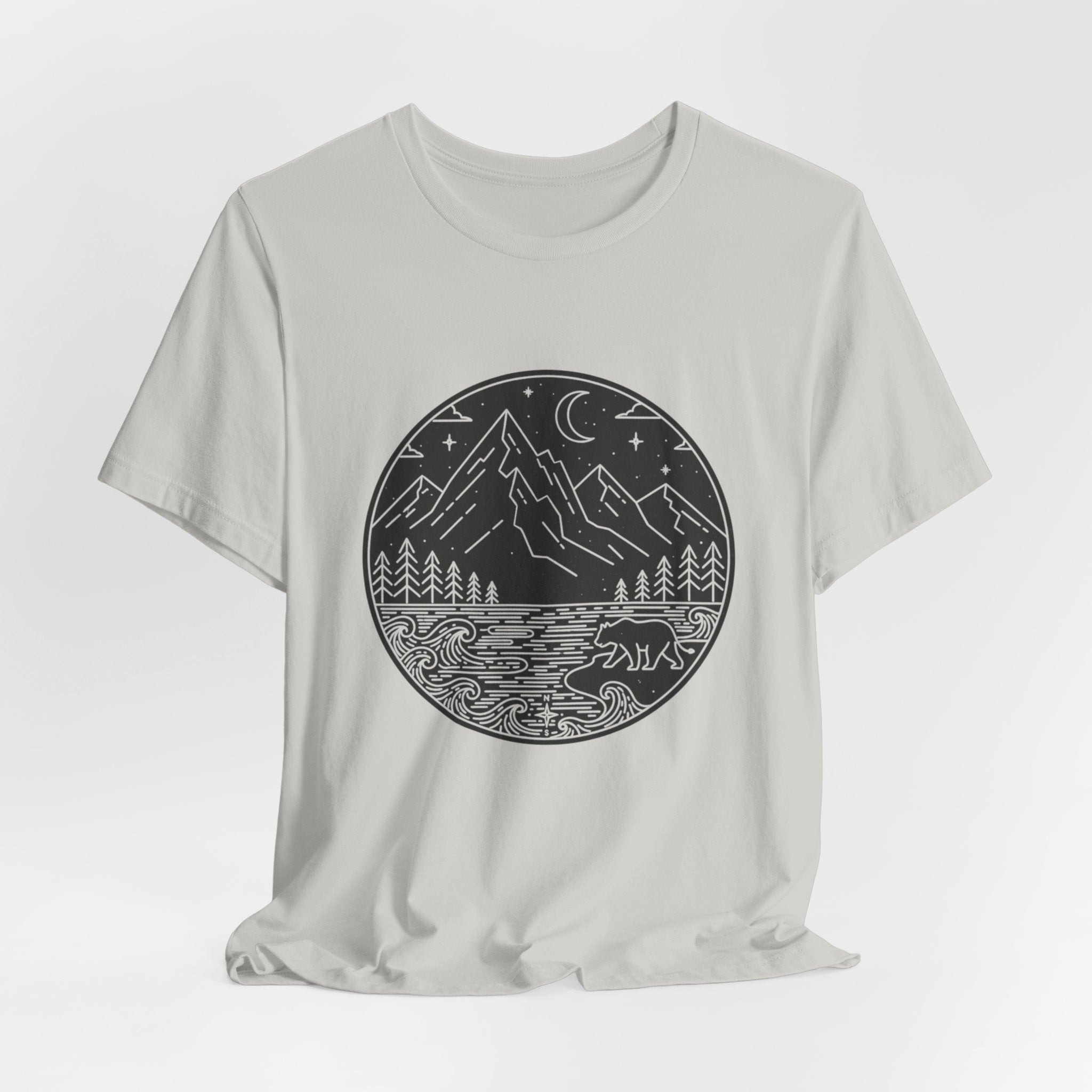 Moonlit Wilderness T-Shirt | Minimalist Mountain & Bear Line Art Tee | Nature Night Scene Shirt for Outdoor Lovers