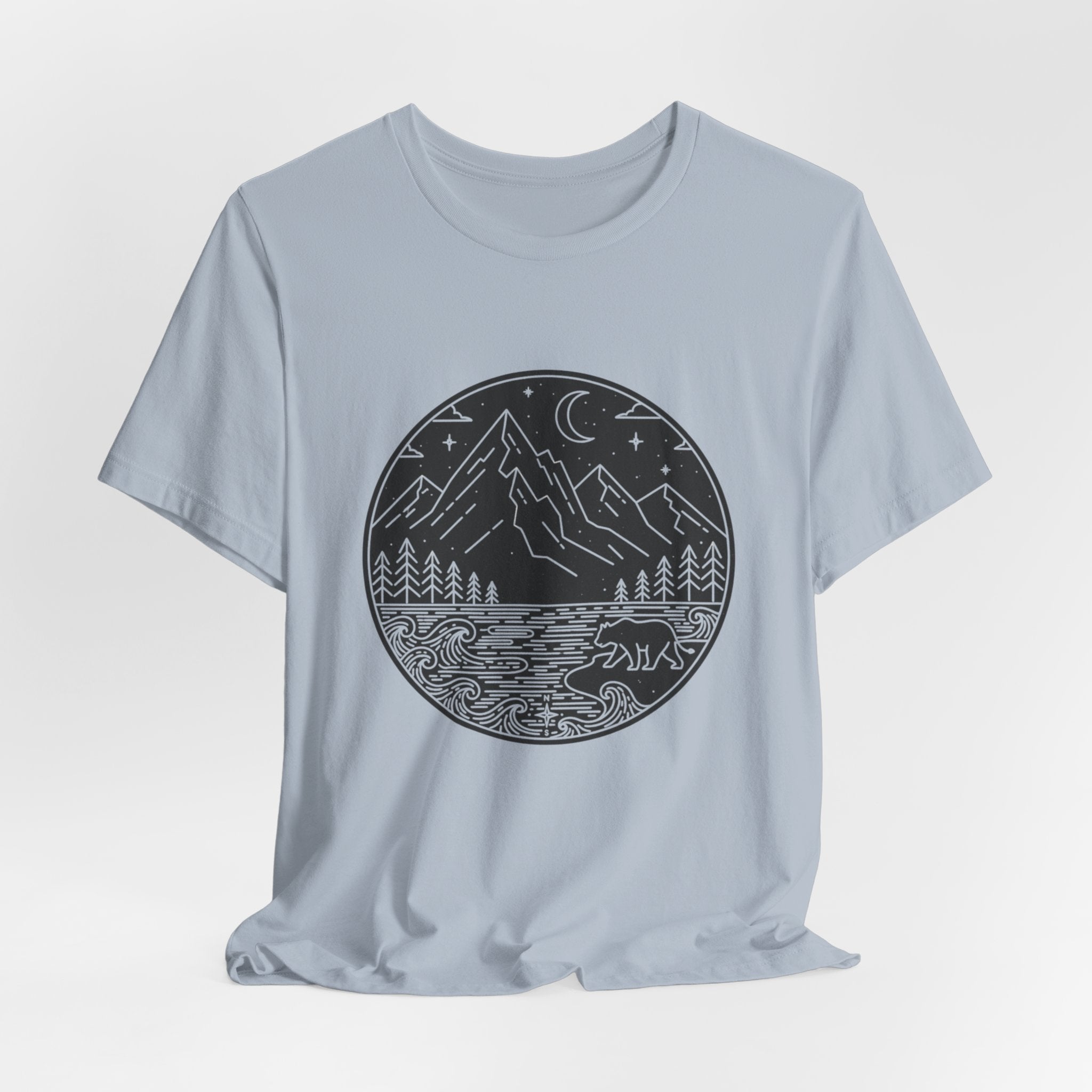 Moonlit Wilderness T-Shirt | Minimalist Mountain & Bear Line Art Tee | Nature Night Scene Shirt for Outdoor Lovers