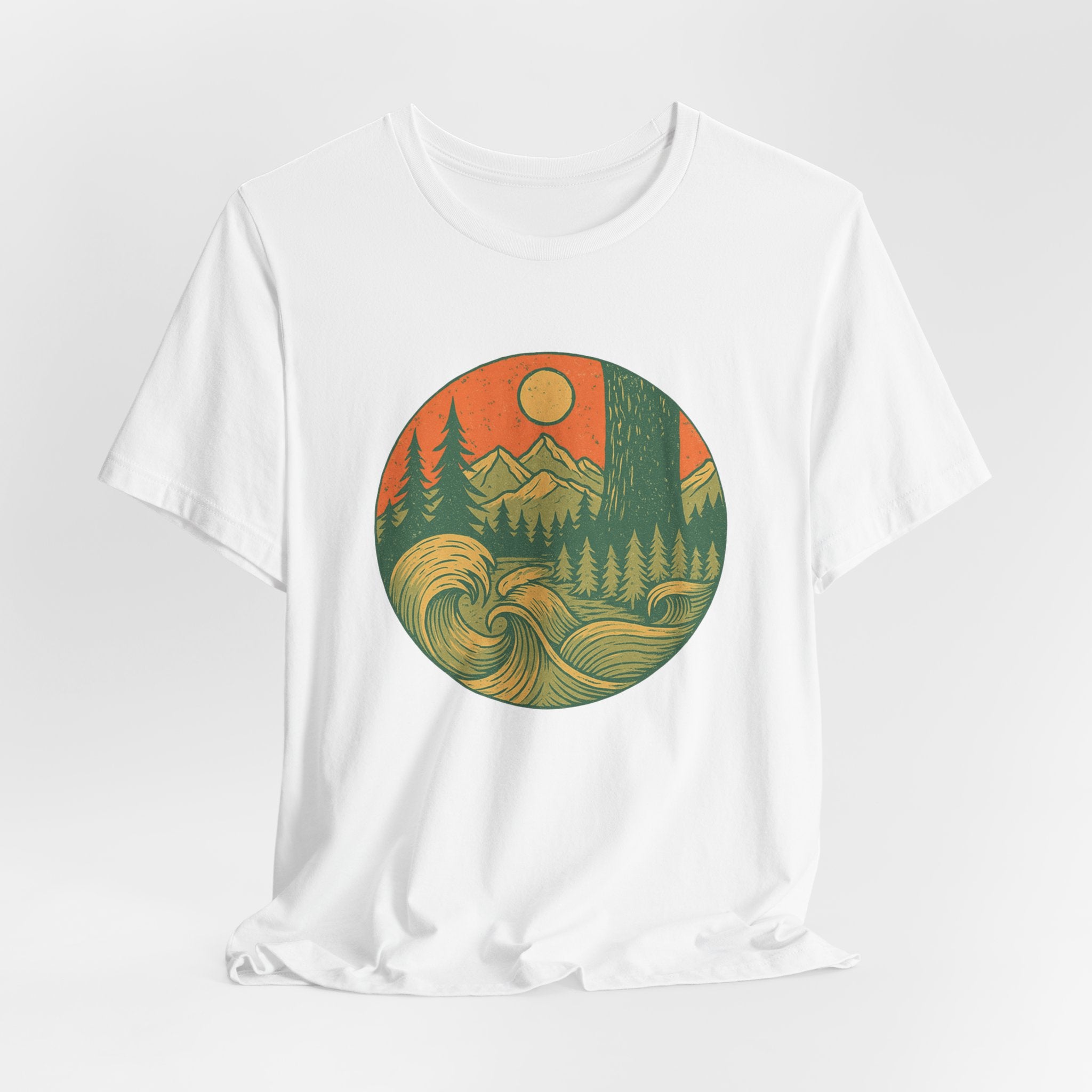 Elements of Adventure T-Shirt | Retro Nature Wave Tee | Mountain & Ocean Design for Outdoor Explorers