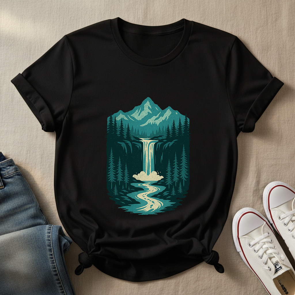 Cascade Serenity T-Shirt | Blue Mountain Waterfall Tee | Nature-Inspired Adventure Shirt for Outdoor Lovers