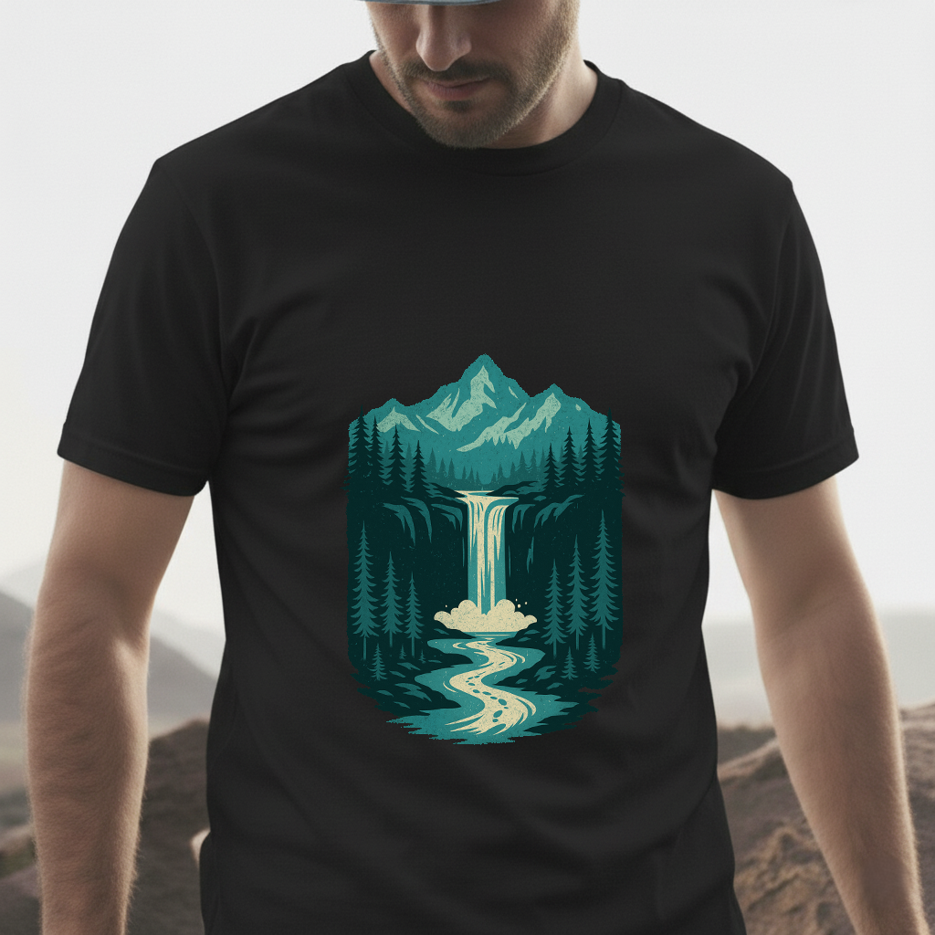Cascade Serenity T-Shirt | Blue Mountain Waterfall Tee | Nature-Inspired Adventure Shirt for Outdoor Lovers