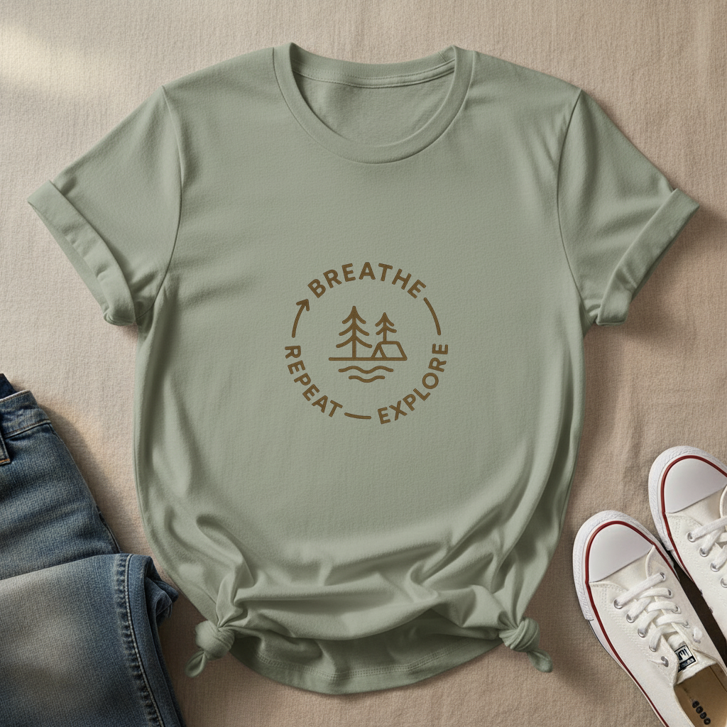 Breathe. Explore. Repeat. T-Shirt | Minimalist Camping Tee | Outdoor Mindfulness Shirt for Nature Lovers