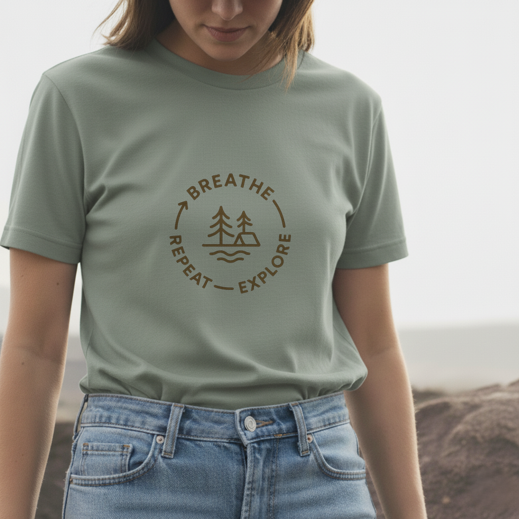 Breathe. Explore. Repeat. T-Shirt | Minimalist Camping Tee | Outdoor Mindfulness Shirt for Nature Lovers