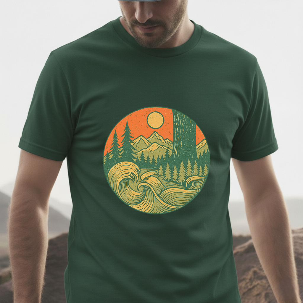 Elements of Adventure T-Shirt | Retro Nature Wave Tee | Mountain & Ocean Design for Outdoor Explorers