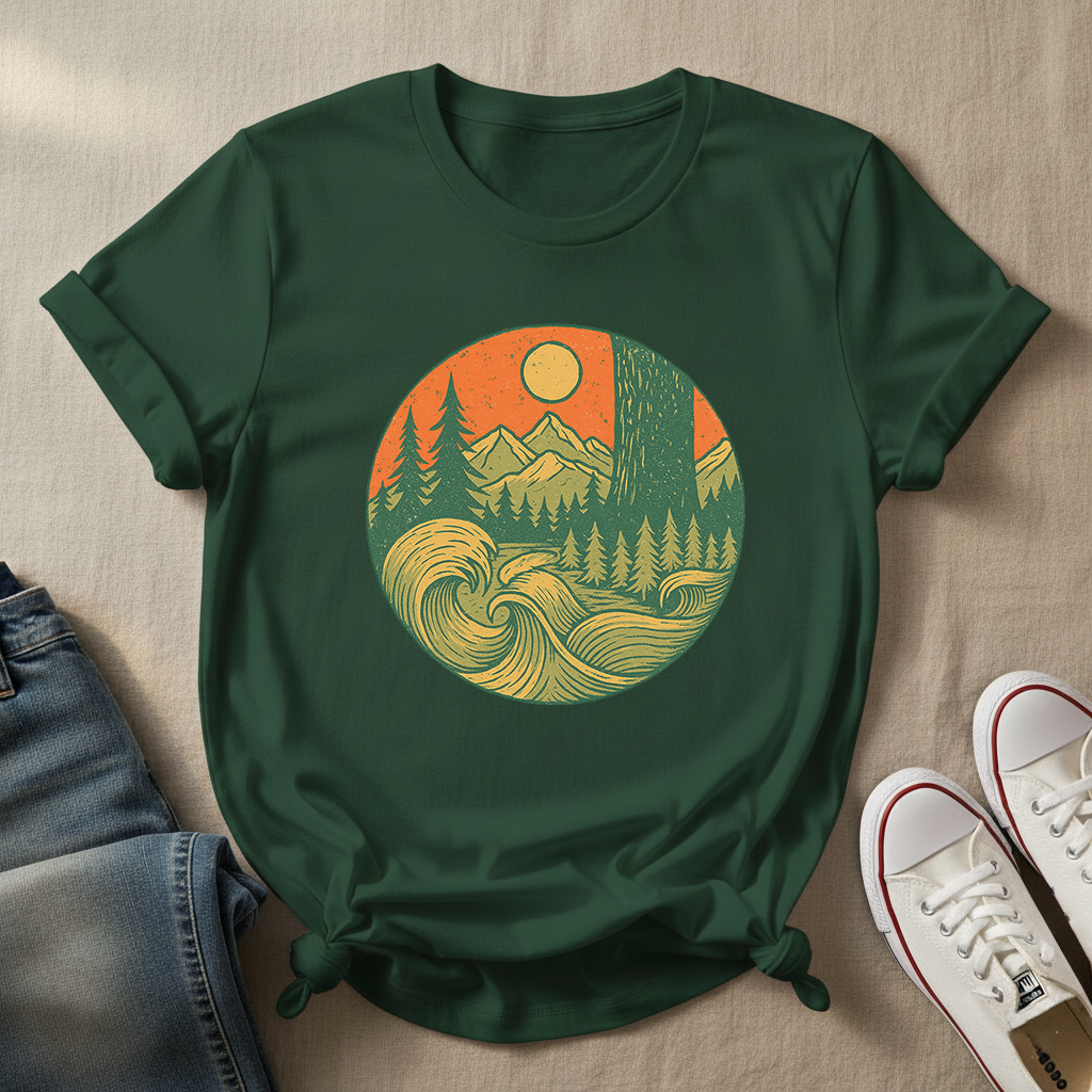 Elements of Adventure T-Shirt | Retro Nature Wave Tee | Mountain & Ocean Design for Outdoor Explorers