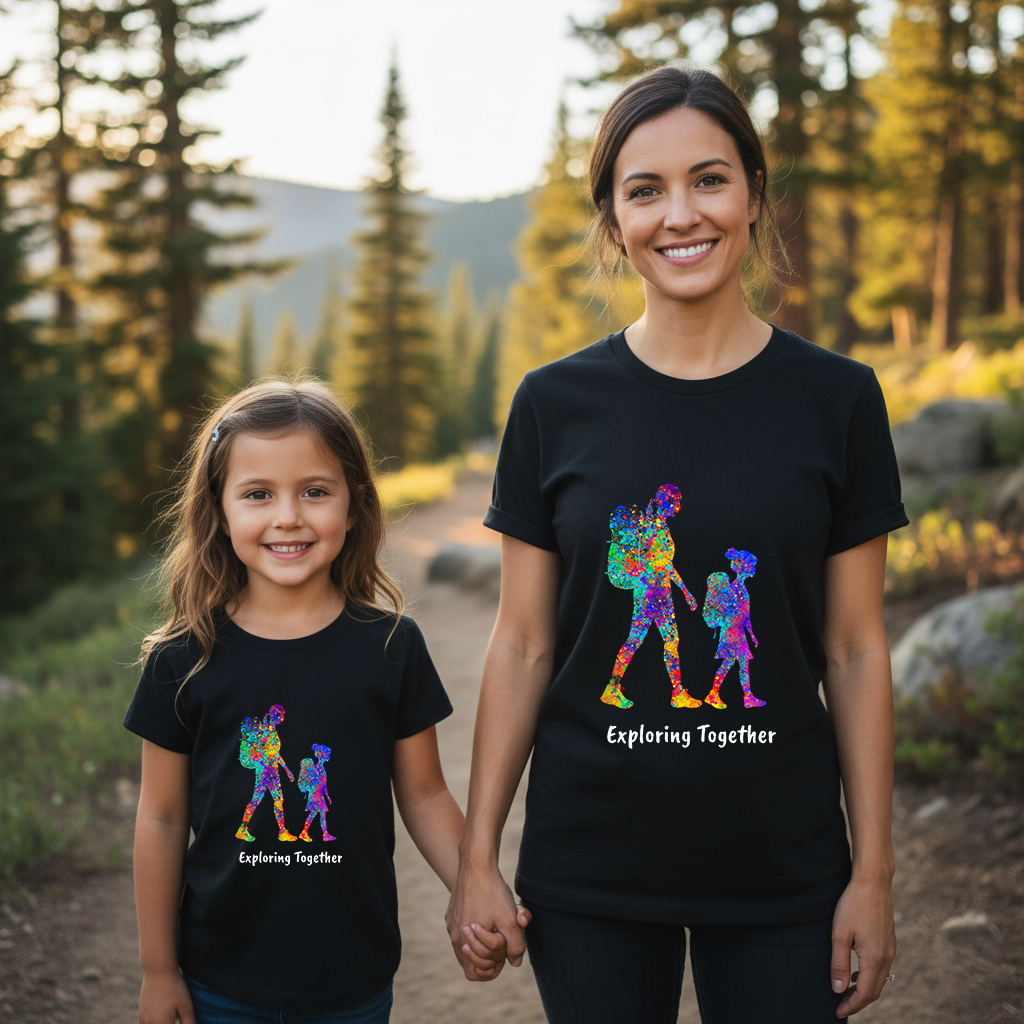 Exploring Together – Vibrant Parent & Child Hiking Silhouette Shirt | Color Splash Outdoor Tee