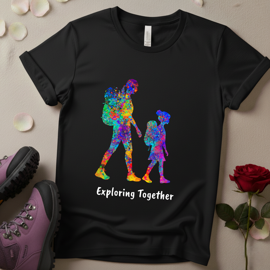 Exploring Together – Vibrant Parent & Child Hiking Silhouette Shirt | Color Splash Outdoor Tee