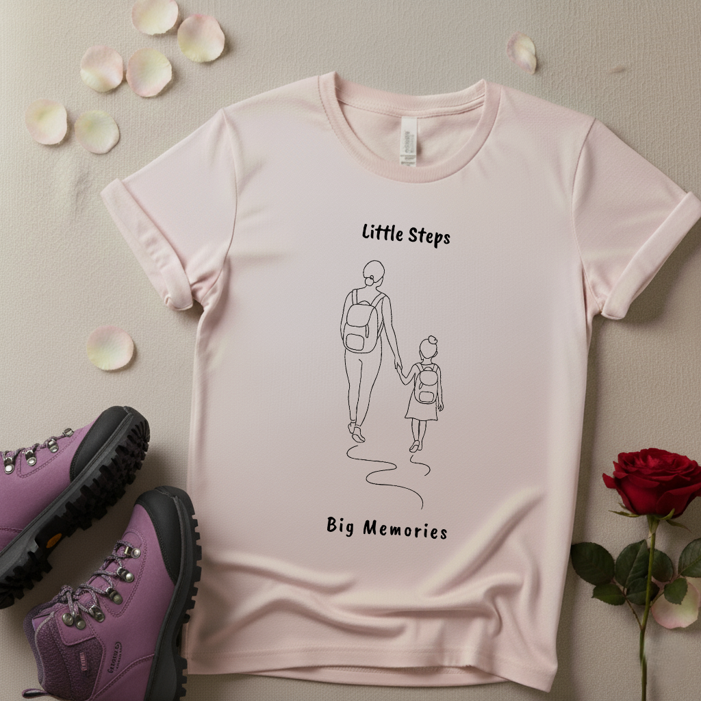 Little Steps, Big Memories – Mother & Daughter Hiking Line Art Shirt | Matching Outdoor Tee