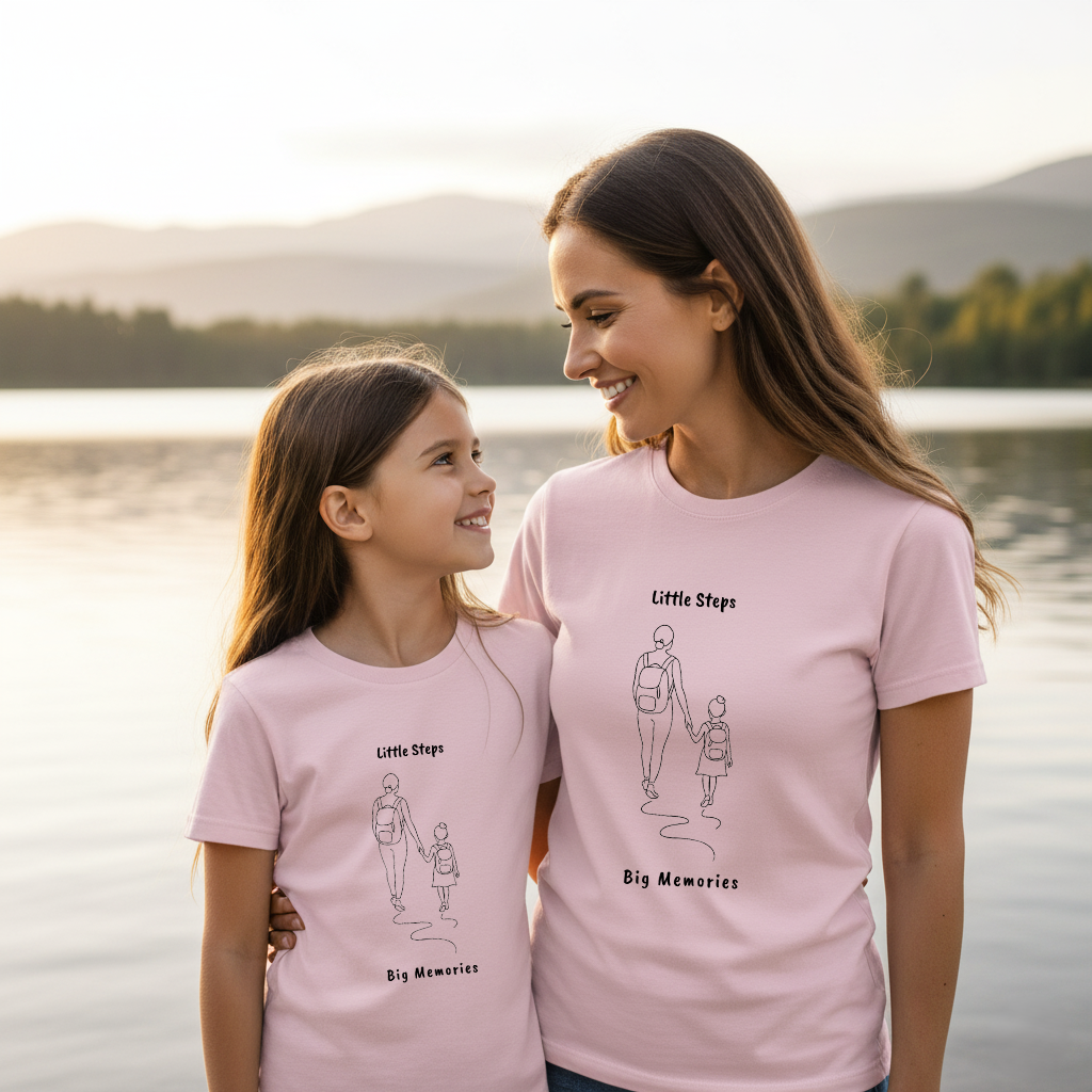 Little Steps, Big Memories – Mother & Daughter Hiking Line Art Shirt | Matching Outdoor Tee