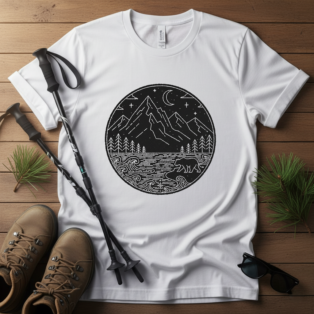 Moonlit Wilderness T-Shirt | Minimalist Mountain & Bear Line Art Tee | Nature Night Scene Shirt for Outdoor Lovers