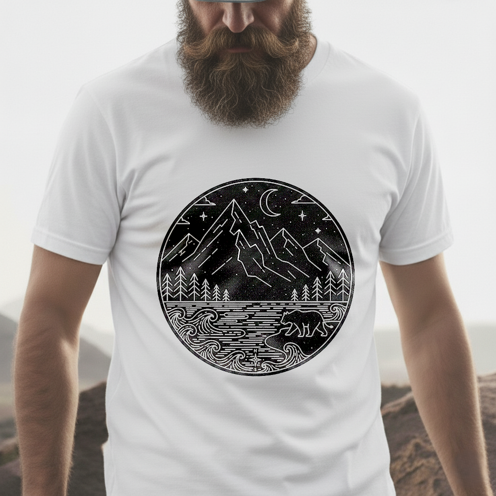 Moonlit Wilderness T-Shirt | Minimalist Mountain & Bear Line Art Tee | Nature Night Scene Shirt for Outdoor Lovers
