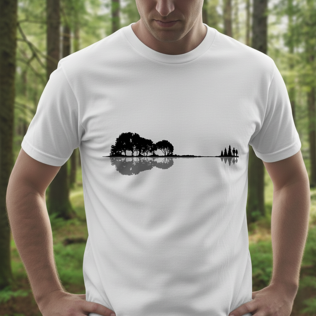 Nature’s Melody T-Shirt | Guitar Reflection Forest Tee | Artistic Outdoor Shirt for Music & Nature Lovers