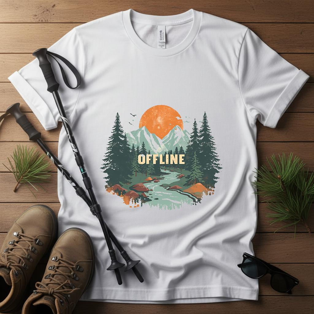 Offline T-Shirt | Retro Mountain & Forest Tee | Adventure Nature Shirt for Campers & Outdoor Lovers