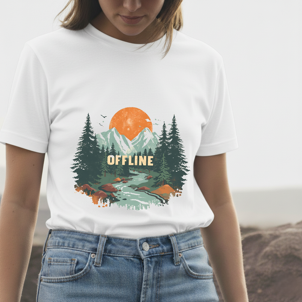 Offline T-Shirt | Retro Mountain & Forest Tee | Adventure Nature Shirt for Campers & Outdoor Lovers