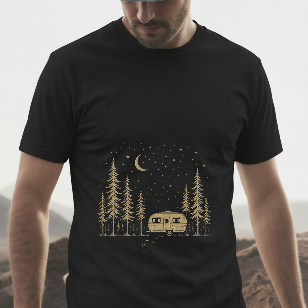 Starlit Escape T-Shirt | Retro Camper Under the Stars Tee | Minimalist Camping Shirt for Adventure Lovers
