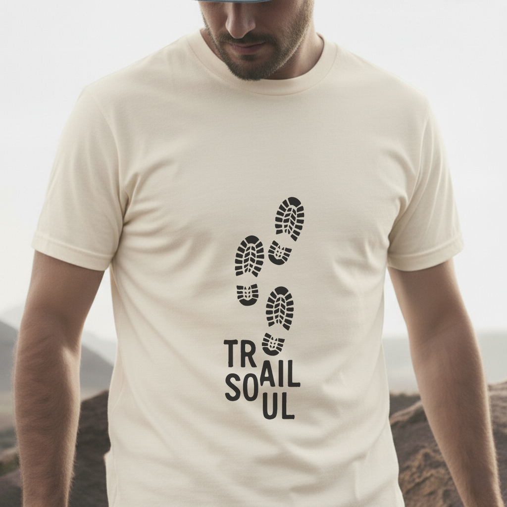 Trail Soul T-Shirt | Minimalist Hiking Bootprint Tee | Outdoor Adventure Shirt for Hikers & Nature Lovers