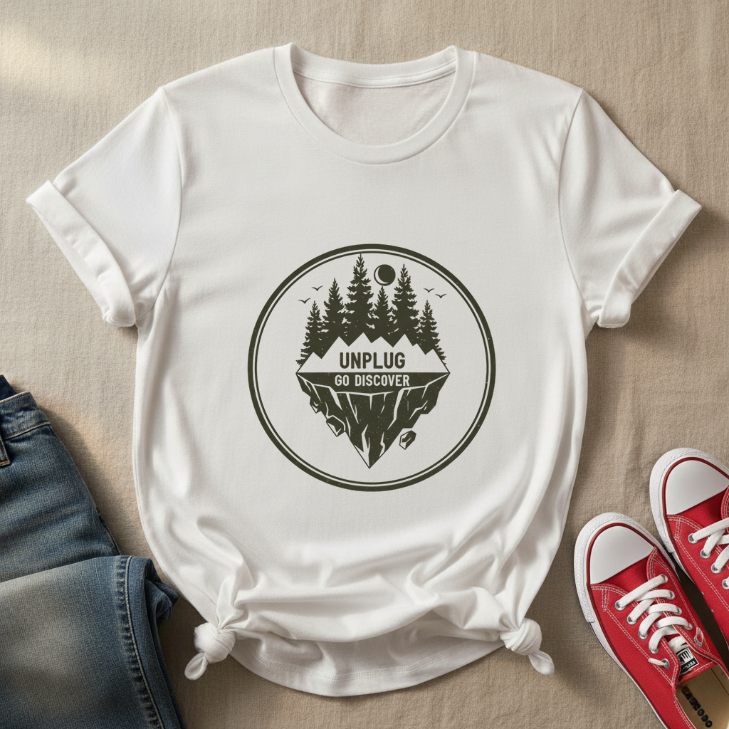 Unplug & Go Discover T-Shirt | Retro Adventure Badge Tee | Nature Escape Shirt for Outdoor Enthusiasts