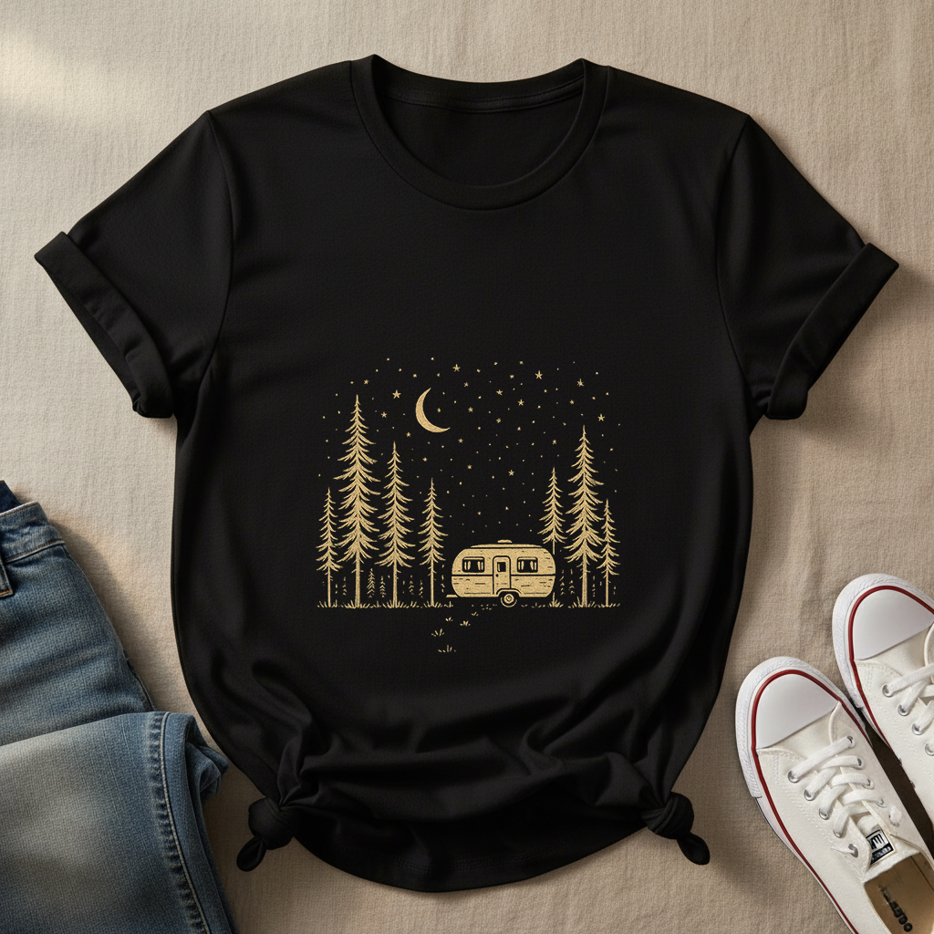 Starlit Escape T-Shirt | Retro Camper Under the Stars Tee | Minimalist Camping Shirt for Adventure Lovers