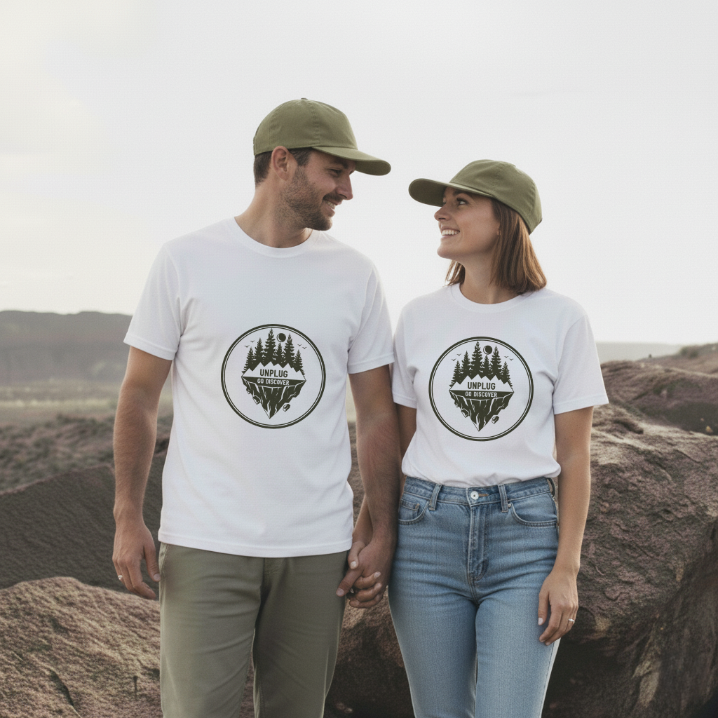 Unplug & Go Discover T-Shirt | Retro Adventure Badge Tee | Nature Escape Shirt for Outdoor Enthusiasts