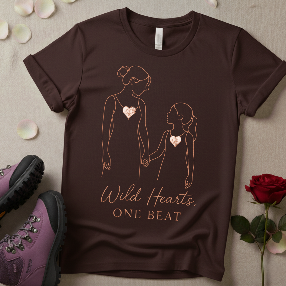 Wild Hearts One Beat – Mother & Daughter Matching Shirt | Minimalist Line Art Family Tee