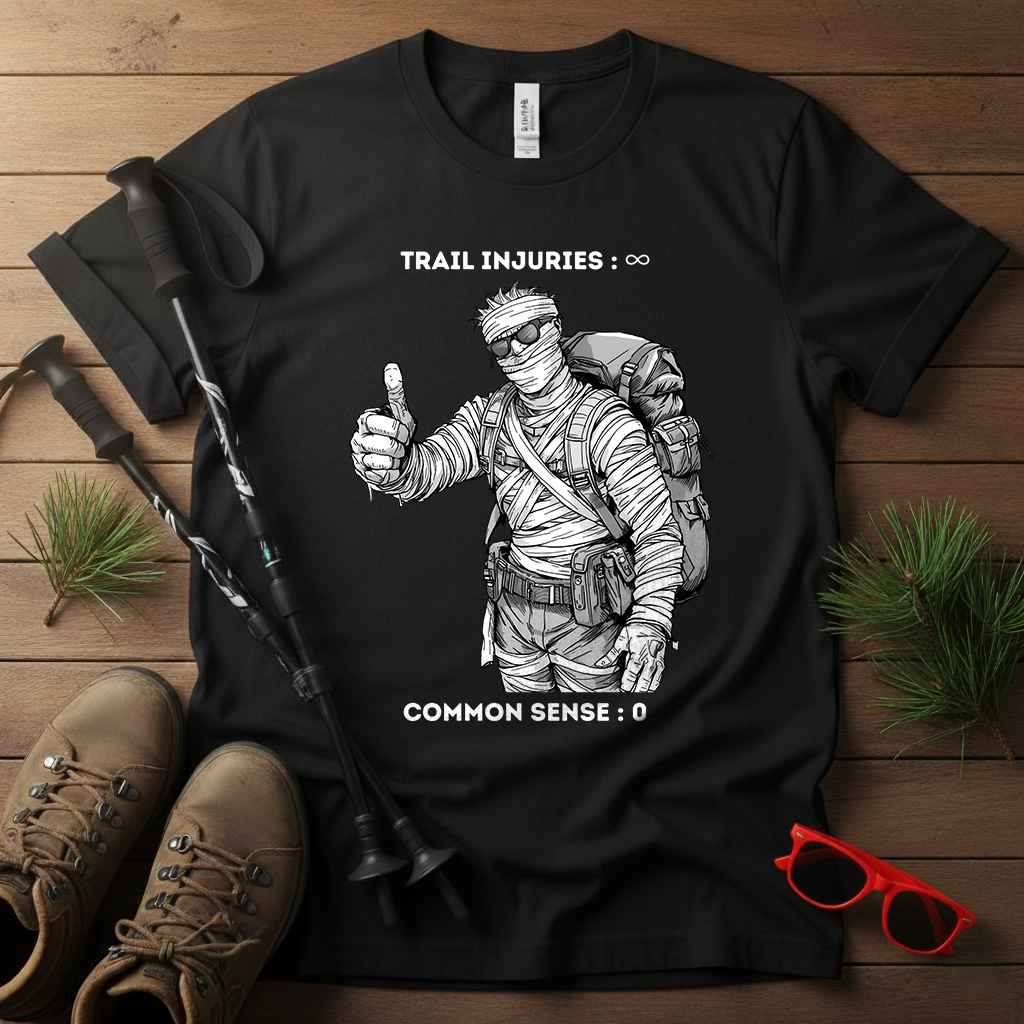 All Risk No Reward – “Trail Injuries: ∞, Common Sense: 0” Hiker Tee | Funny Hiking Shirt | Bandaged Hiker Thumbs Up | ARNR Collection